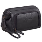 Necessaire in pelle nera, vista frontale con logo STILORD impresso, cerniere e cinturino da polso visibili