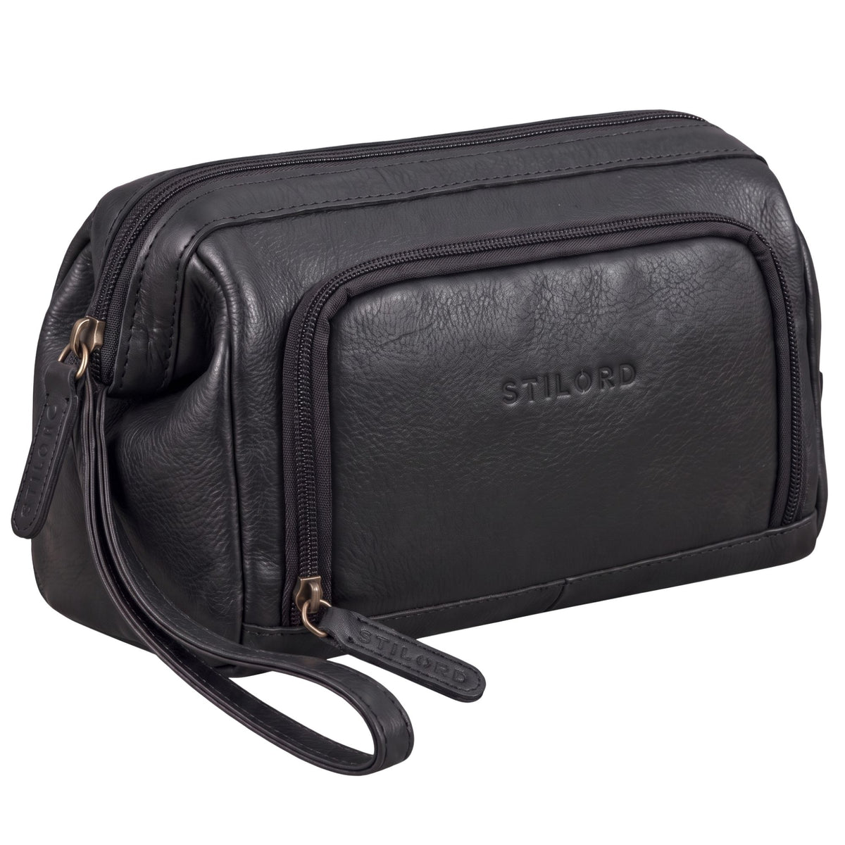 Necessaire in pelle nera, vista frontale con logo STILORD impresso, cerniere e cinturino da polso visibili