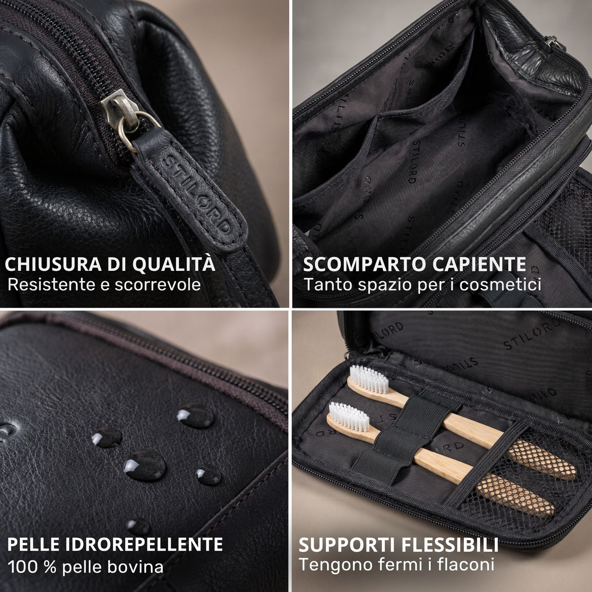 Necessaire in pelle nera con cursore STILORD impresso, scomparti interni capienti, supporti elastici e pelle idrorepellente