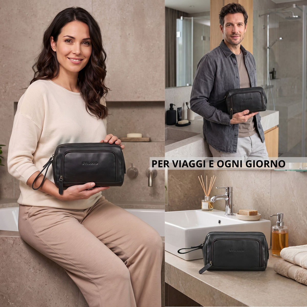 Necessaire in pelle nero Henry con cinturino da polso e logo STILORD in rilievo, tenuto da persone e sul lavabo.