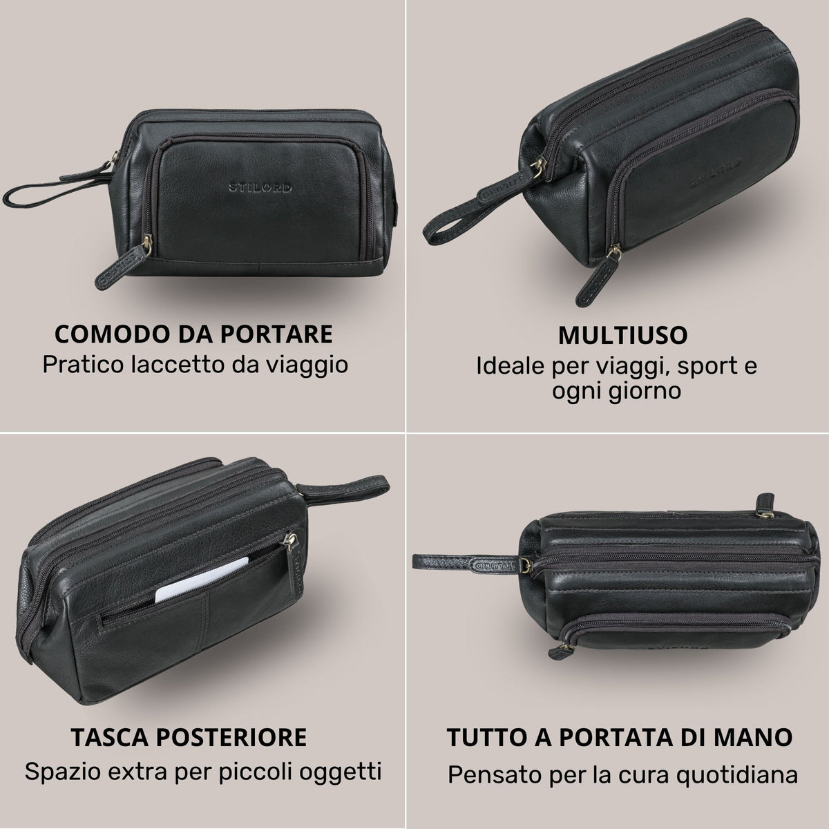 Necessaire in pelle nera con tasca posteriore, doppia cerniera e laccetto, vista laterale con logo STILORD impresso