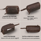 Necessaire in pelle marrone, collage con viste frontale, laterale e dall'alto, tasca esterna con zip, laccetto e logo STILORD