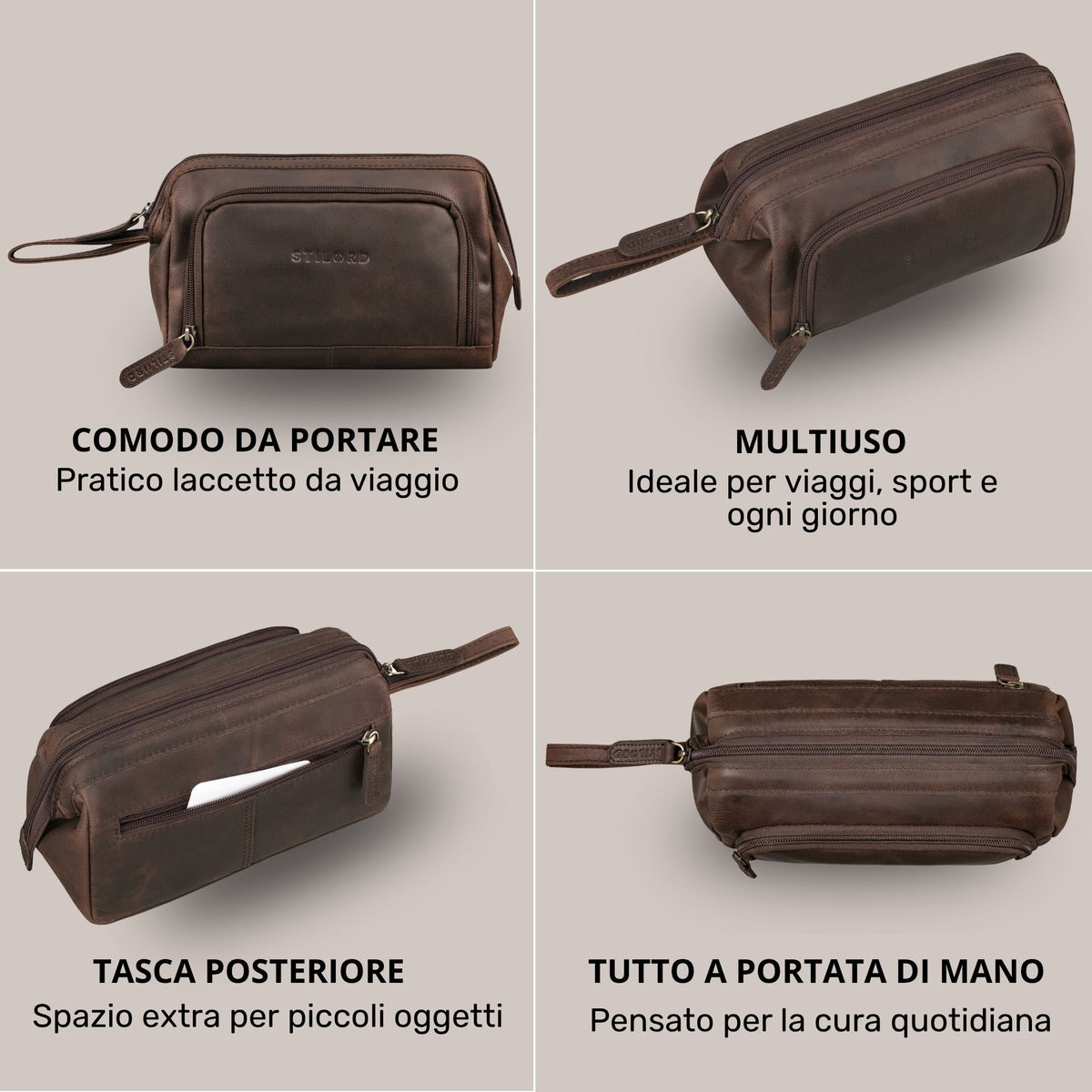 Necessaire in pelle marrone, collage con viste frontale, laterale e dall'alto, tasca esterna con zip, laccetto e logo STILORD