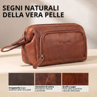 Necessaire in pelle bovina colore maraska marrone, vista frontale laterale con stampa STILORD e tasca esterna con zip