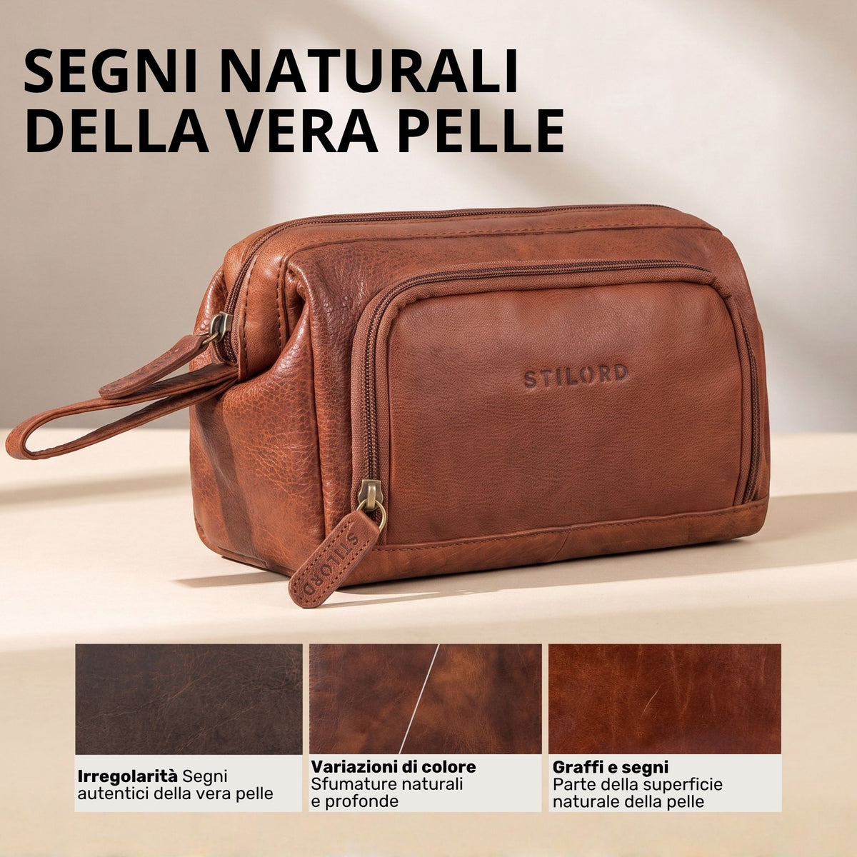 Necessaire in pelle bovina colore maraska marrone, vista frontale laterale con stampa STILORD e tasca esterna con zip