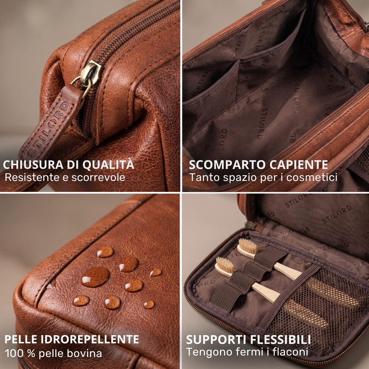 Necessaire in pelle marrone maraska, dettagli: cerniera con tirante STILORD, scomparto capiente, pelle idrorepellente, supporti elastici