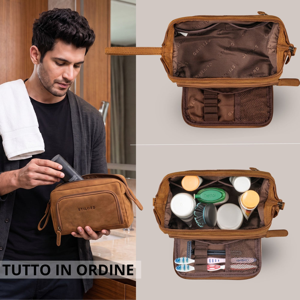 Necessaire in pelle color tan con interno aperto e scomparti, uomo sistema prodotti da bagno