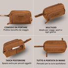 Necessaire in pelle tan con laccetto, logo STILORD visibile e tasca posteriore con scheda inserita
