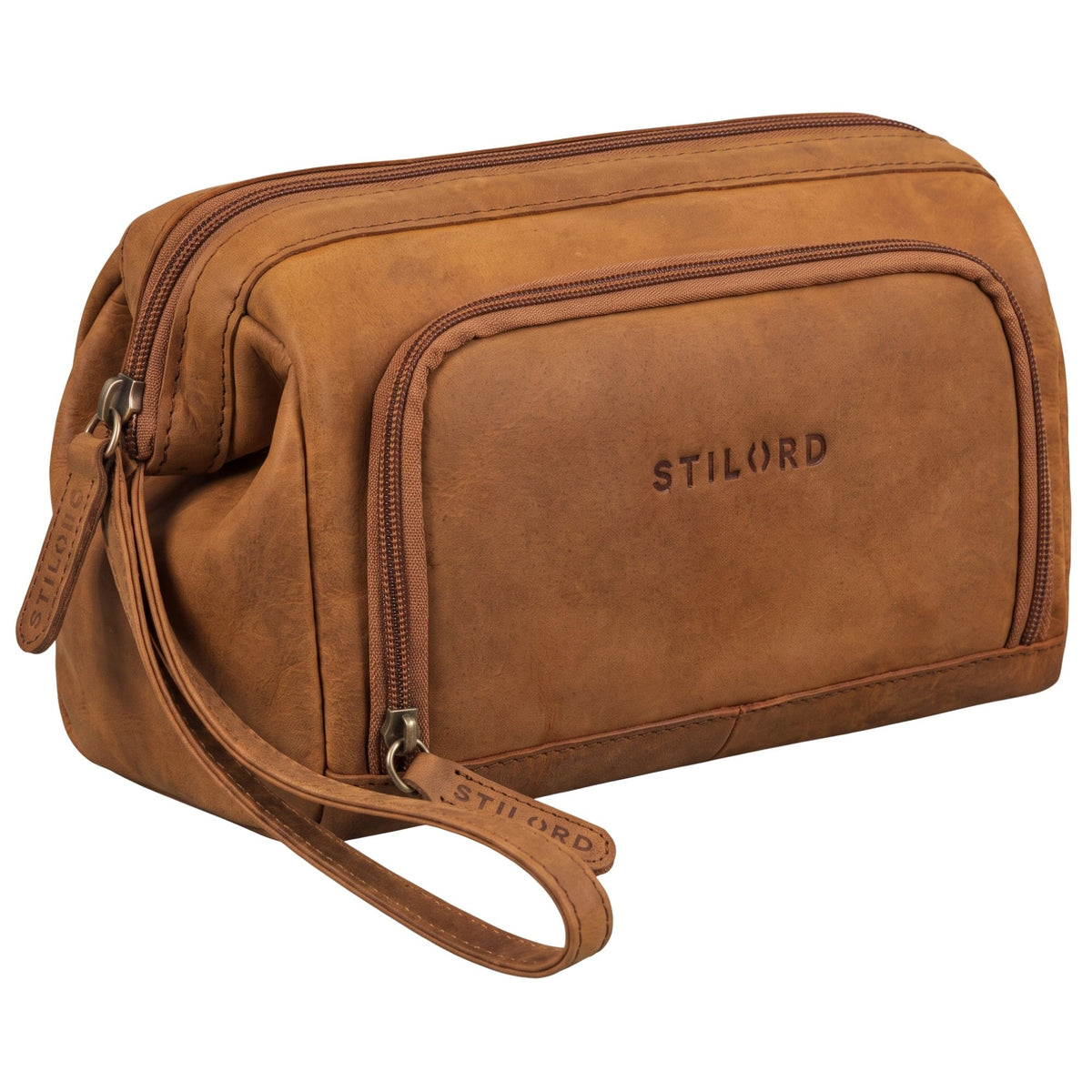 Necessaire in pelle color tan e marrone scuro, vista laterale con manico da polso, tasca con zip e logo STILORD impresso