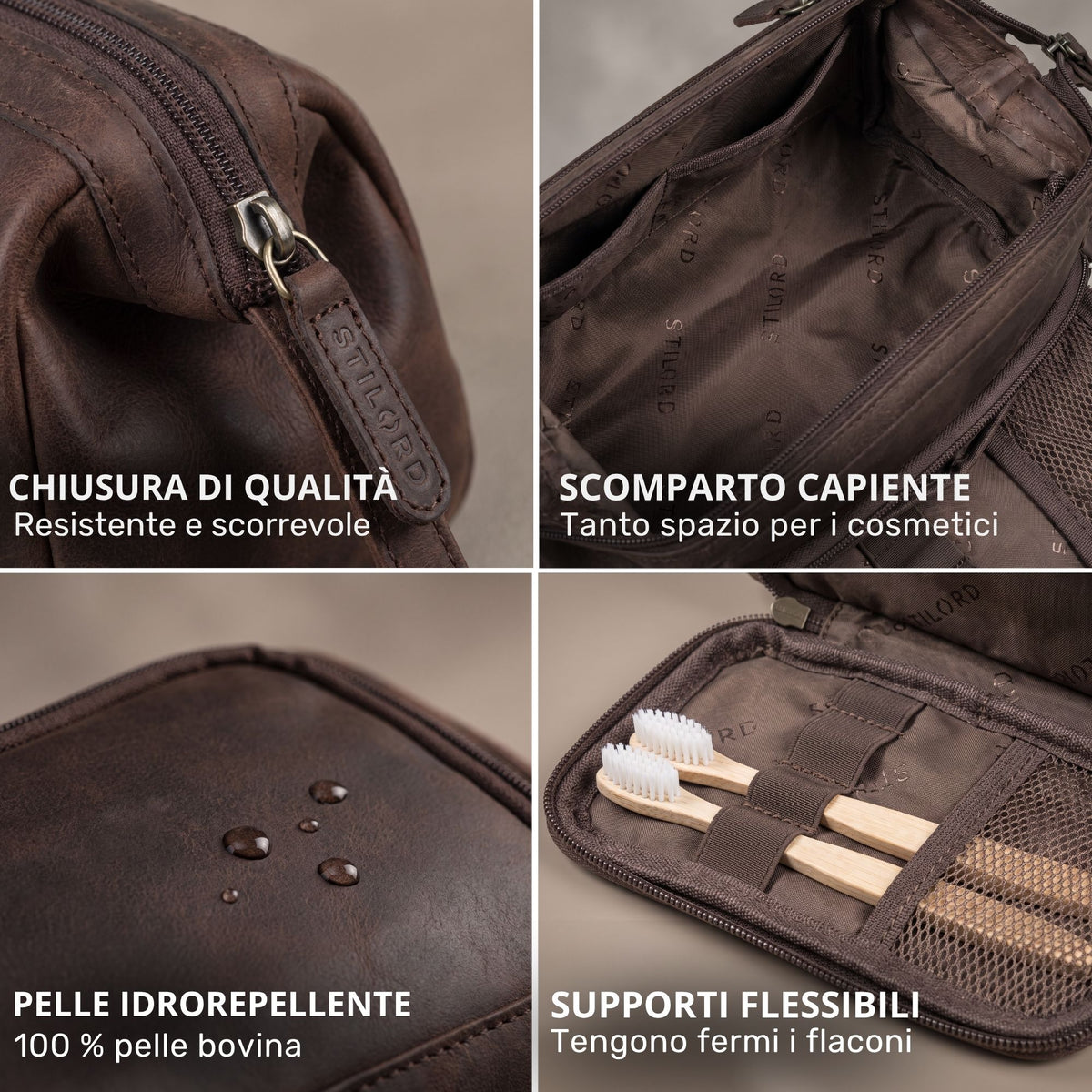 Necessaire Henry in pelle marrone, cursore con stampa STILORD, scomparto capiente, pelle idrorepellente, supporti elastici