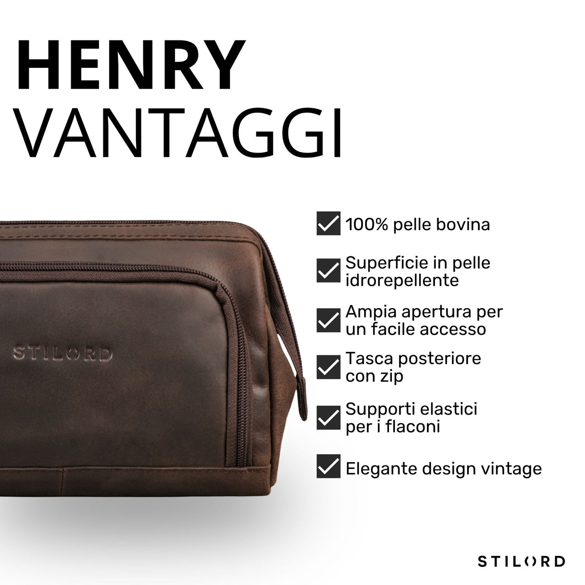 Beauty case in pelle bovina zamora marrone, vista frontale-laterale con logo STILORD impresso