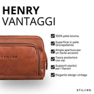 Necessaire in pelle bovina color maraska, vista frontale-laterale con cerniera e logo STILORD in rilievo