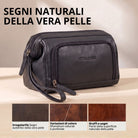 Necessaire in pelle nera con impressione STILORD, vista frontale laterale con zip e manico da polso