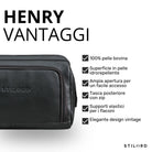 Necessaire in pelle nera, primo piano sul davanti con cerniera e logo STILORD impresso; elenco caratteristiche in italiano a destra