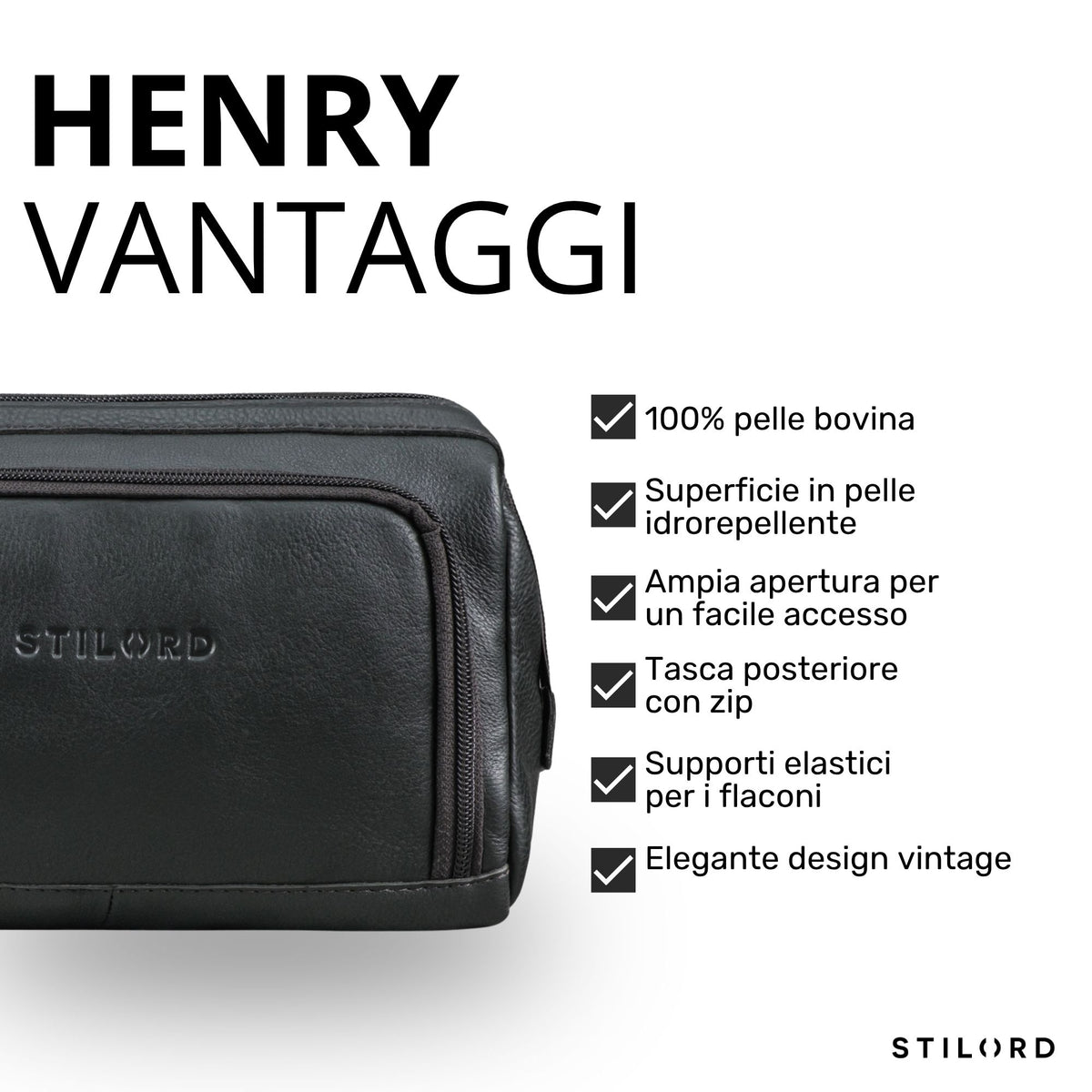 Necessaire in pelle nera, primo piano sul davanti con cerniera e logo STILORD impresso; elenco caratteristiche in italiano a destra