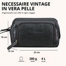 Necessaire in pelle nera, vista frontale con stampa STILORD e misure 23 x 18 x 10 cm