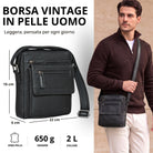 Piccola borsa a tracolla piatta in pelle nera, vista frontale e immagine di un uomo che la indossa