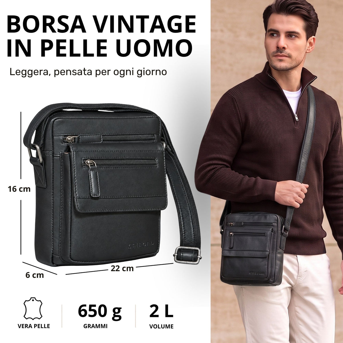 Piccola borsa a tracolla piatta in pelle nera, vista frontale e immagine di un uomo che la indossa