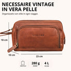 Necessaire in pelle marrone maraska, vista frontale con misure e logo STILORD in rilievo