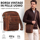Piccola borsa a tracolla in pelle bovina colore Salerno, vista frontale con uomo che la indossa, adatta a tablet 8 pollici
