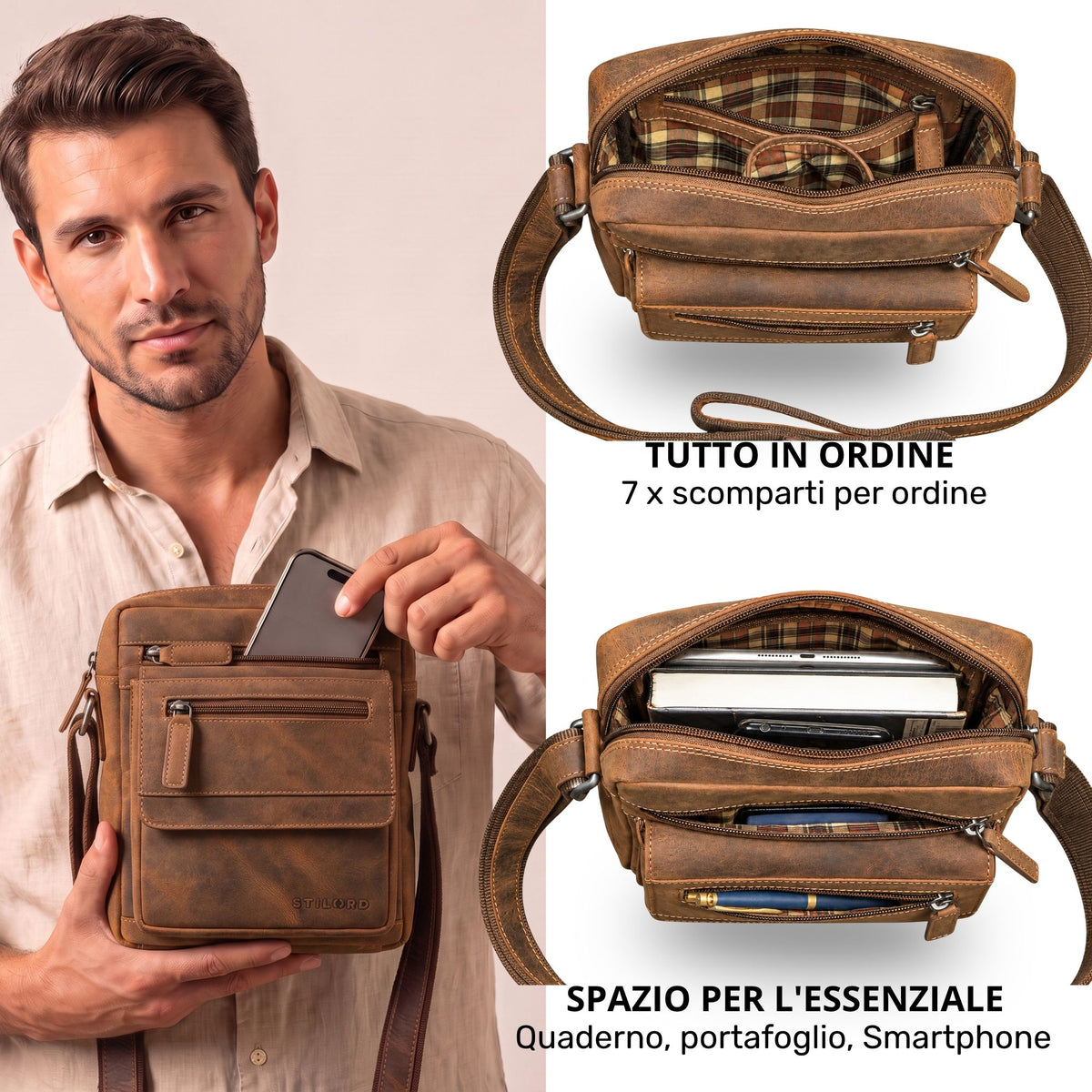 Tracolla uomo piatta in pelle marrone bergamo, vista frontale con modello, scomparti aperti e tablet 8 pollici visibile