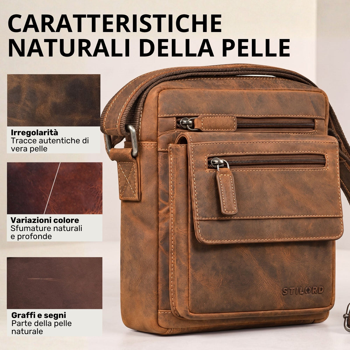 Piccola borsa a tracolla in pelle Bergamo marrone, vista frontale con tasche con zip e logo STILORD impresso