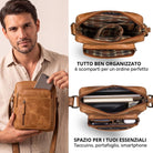 Kleine braune Leder-Umhängetasche perugia‑braun, Mann hält sie und steckt Smartphone ins Frontfach; geöffnete Aufsicht zeigt kariertes Innenfutter und mehrere Fächer