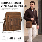 Kleine Herren-Schultertasche aus braunem Rindsleder bergamo, Frontansicht mit Maßen links und Modell trägt sie rechts