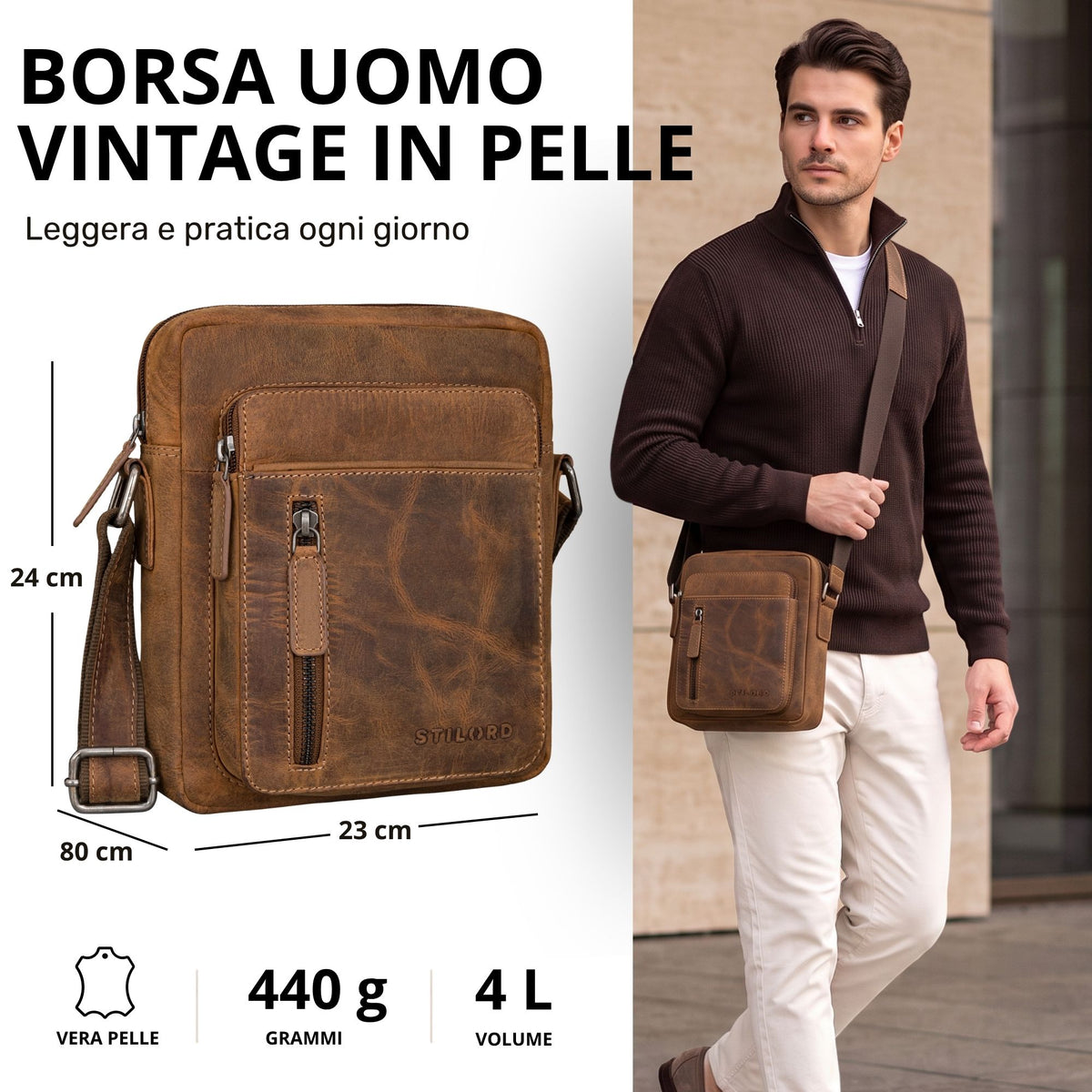 Kleine Herren-Schultertasche aus braunem Rindsleder bergamo, Frontansicht mit Maßen links und Modell trägt sie rechts