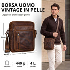 Kleine Herren-Schultertasche aus braunem Leder, Frontansicht mit Maßen und Modell, crossbody getragen