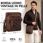 Kleine Herren-Umhängetasche aus vintage-braunem Leder, Vorderansicht mit Maßen und Modell in Tragesituation