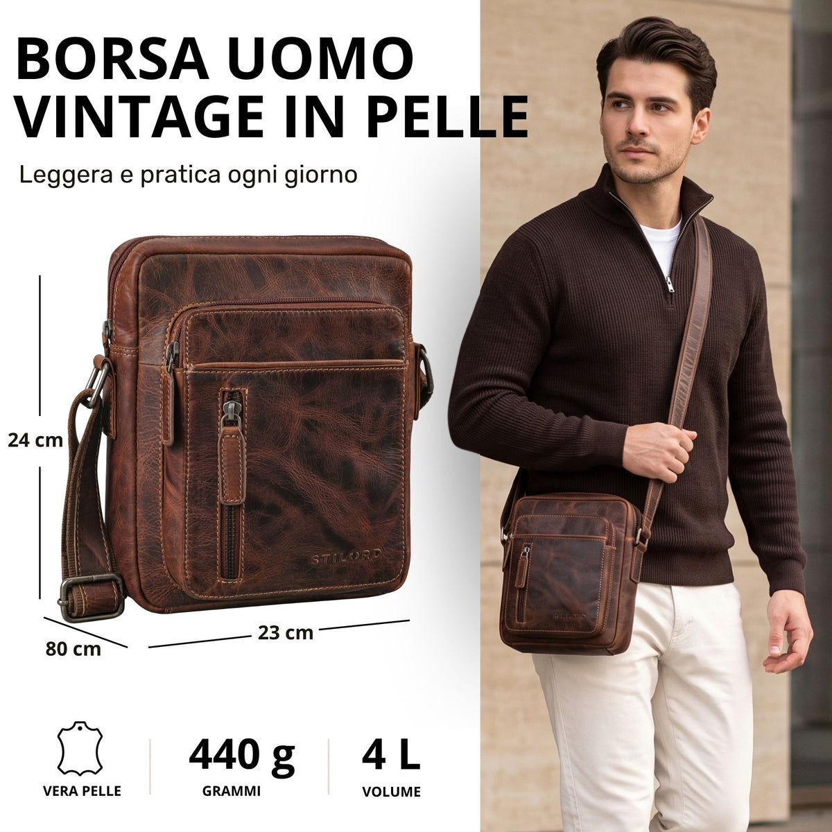 Kleine Herren-Umhängetasche aus vintage-braunem Leder, Vorderansicht mit Maßen und Modell in Tragesituation