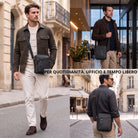 kleine schwarze Leder-Schultertasche Herren, quer getragen, Modell in Stadt und Innenraum, Vorder- und Rückansicht