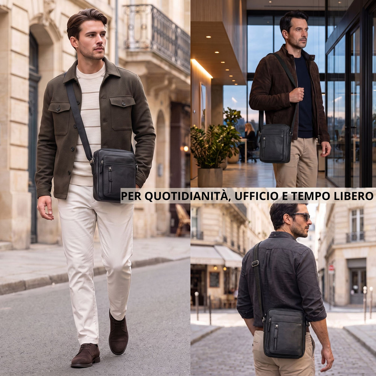 kleine schwarze Leder-Schultertasche Herren, quer getragen, Modell in Stadt und Innenraum, Vorder- und Rückansicht