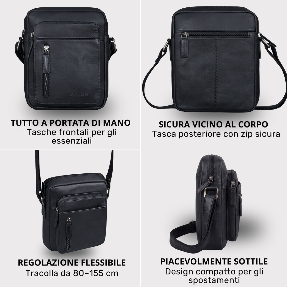 Kleine schwarze Schultertasche aus Leder, Front-, Rück- und Seitenansichten; Reißverschlusstasche hinten und verstellbarer Gurt