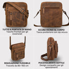 Kleine Herren-Schultertasche aus braunem Bergamo-Leder, Front-, Rück- und Seitenansicht, verstellbarer Gurt, rückseitiges Reißverschlussfach
