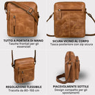 Kleine Herrenschultertasche aus braunem Rindleder, Frontansicht mit Reißverschlussfach, rückseitige Reißverschlusstasche, verstellbarer Riemen, Seitenprofil