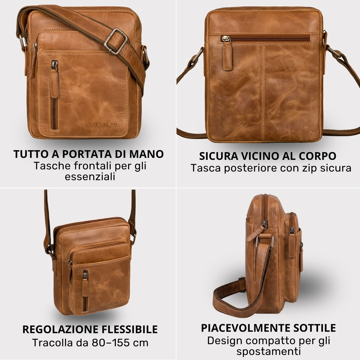 Kleine Herrenschultertasche aus braunem Rindleder, Frontansicht mit Reißverschlussfach, rückseitige Reißverschlusstasche, verstellbarer Riemen, Seitenprofil