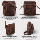 Collage mit kleiner Herren-Schultertasche aus braunem Leder: Vorderseite, Rückseite mit Reißverschluss, verstellbarer Riemen, Seitenansicht