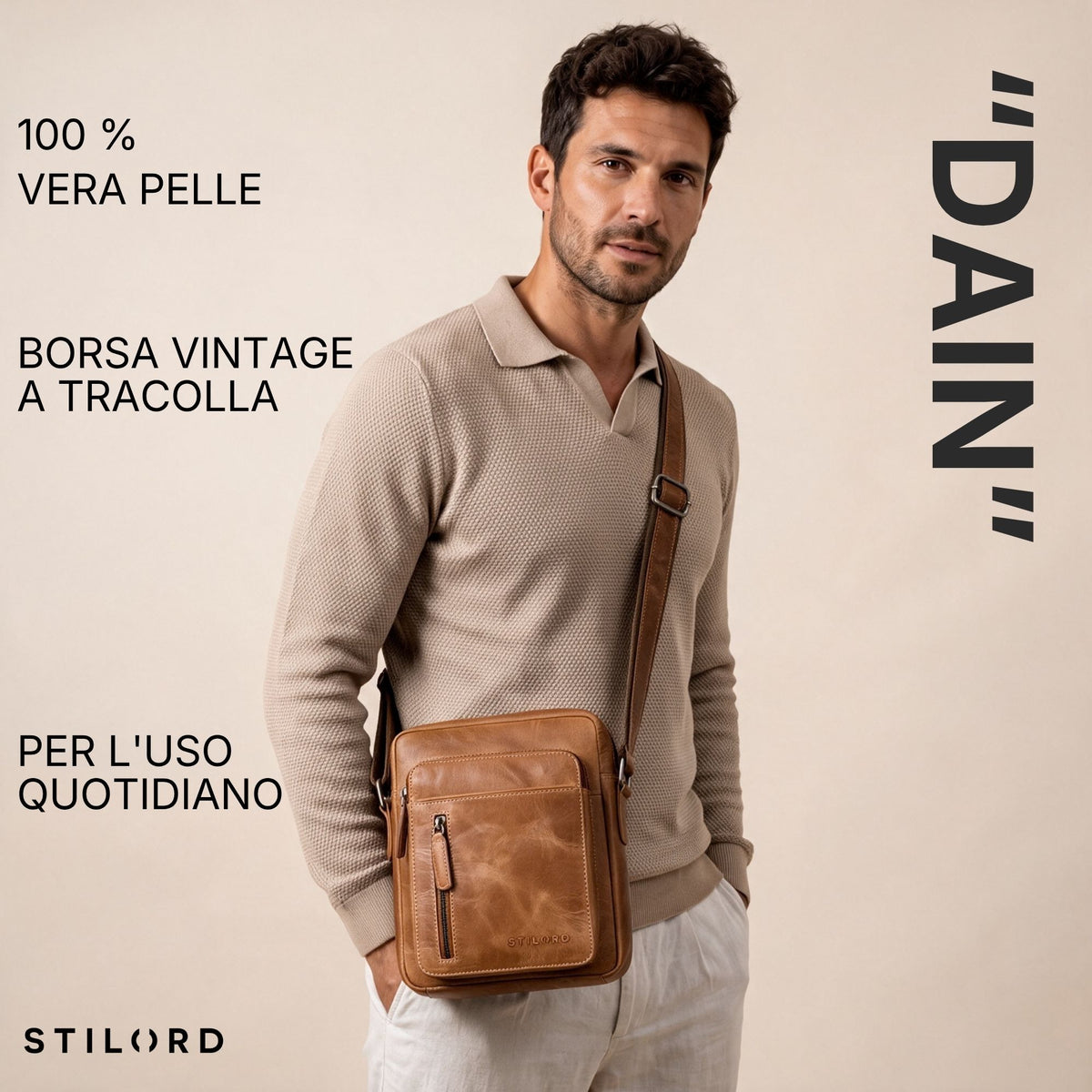 Mann trägt kleine Schultertasche aus braunem Rindsleder (perugia-braun) mit Fronttasche und Reißverschluss, Halbnahaufnahme