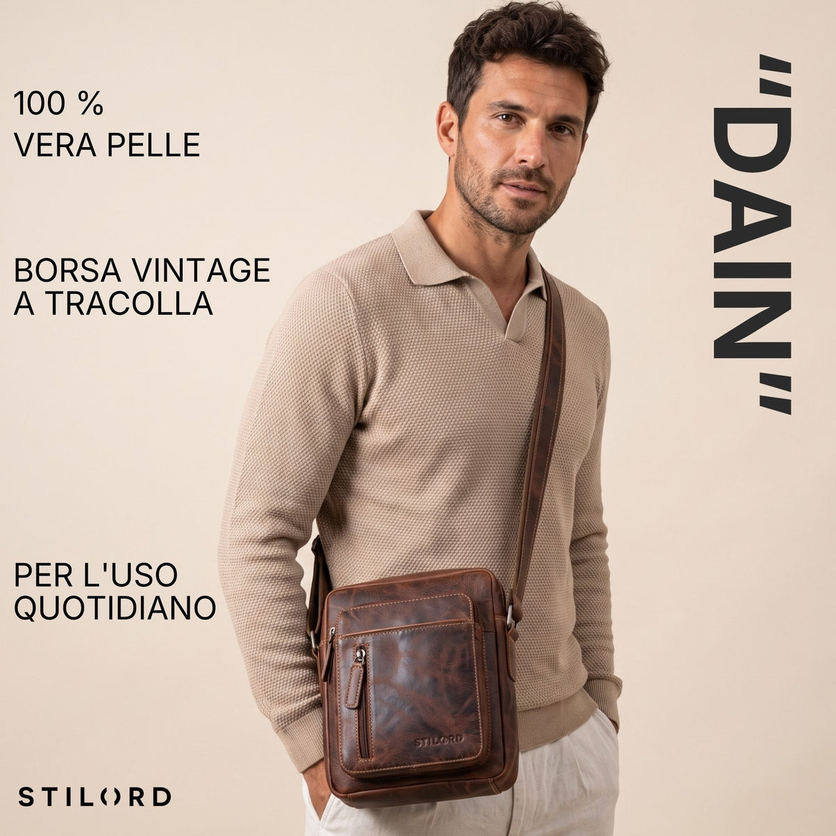 Kleine Herren-Umhängetasche aus Vintage-Leder in salerno-braun, quer getragen am Modell, STILORD-Logo sichtbar
