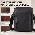 Kleine schwarze Herren-Schultertasche aus Leder, Frontansicht mit Reißverschlussfach, Schulterriemen und Lederproben links