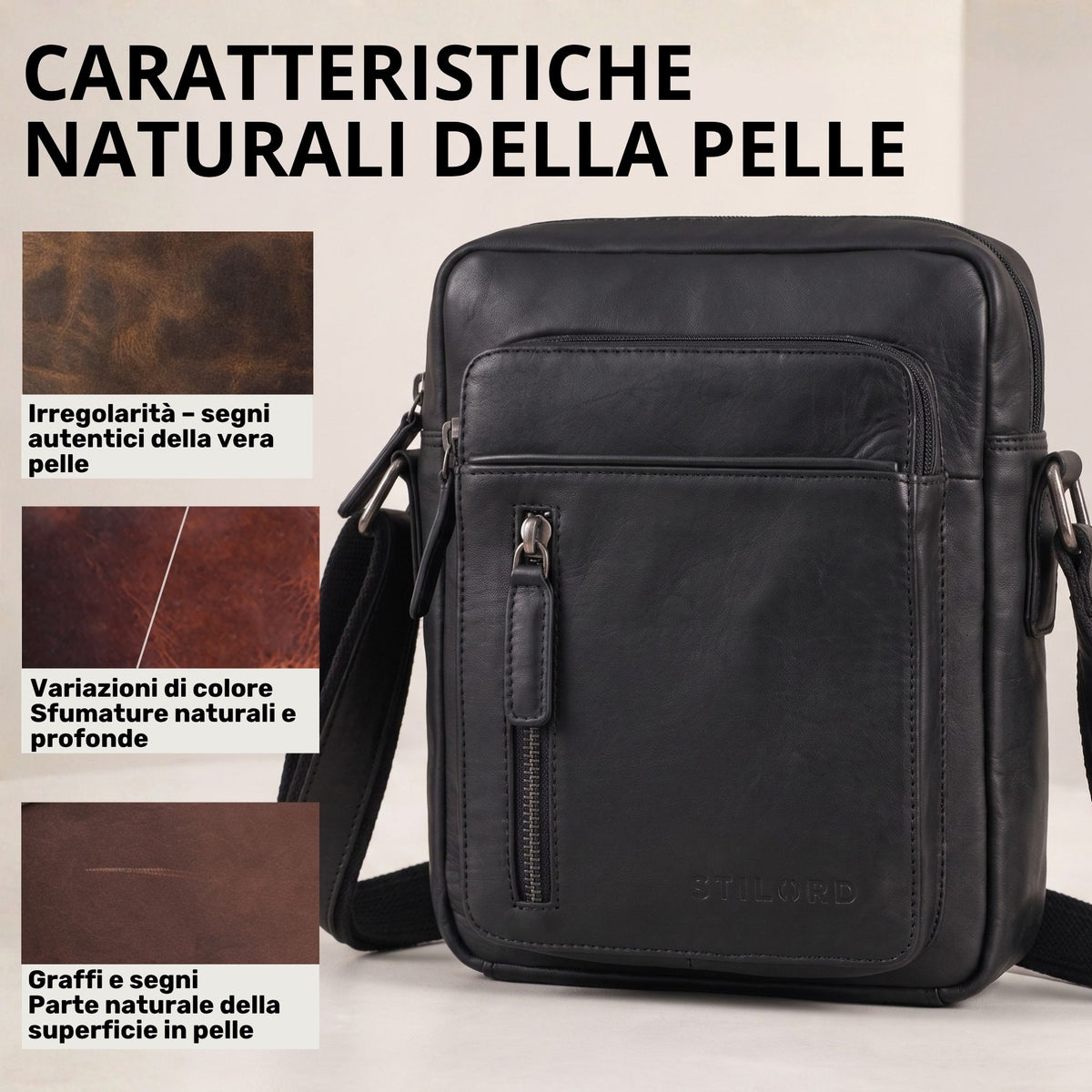 Kleine schwarze Herren-Schultertasche aus Leder, Frontansicht mit Reißverschlussfach, Schulterriemen und Lederproben links