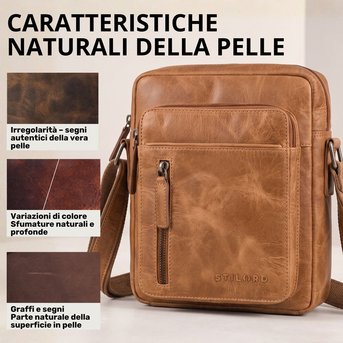 Kleine Schultertasche aus braunem Leder, Frontansicht, sichtbare STILORD-Prägung, Reißverschlusstasche