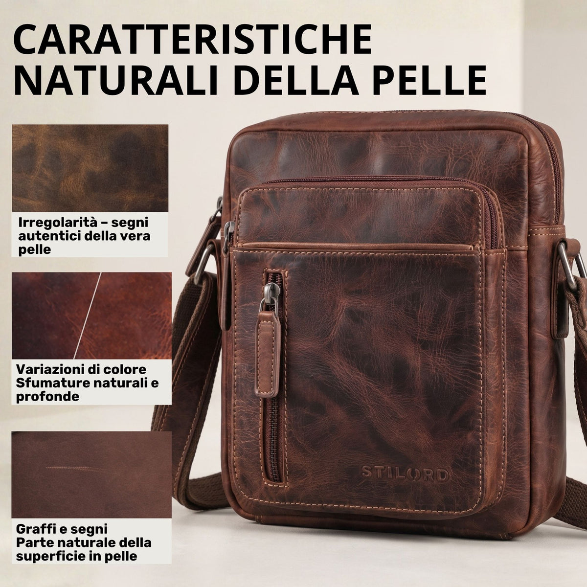 Kleine Herren-Umhängetasche aus Vintage-Leder in Salerno-Braun, Frontansicht mit Reißverschlussfach und STILORD-Prägung