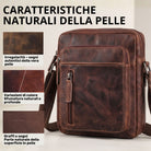 Kleine Herren-Schultertasche Dain aus braunem Leder, Frontalansicht mit Reißverschlussfach und sichtbarer STILORD-Prägung