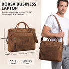 Braune Leder-Laptoptasche bergamo, Frontansicht mit Maßen, Modell trägt sie über der Schulter, STILORD-Prägung sichtbar