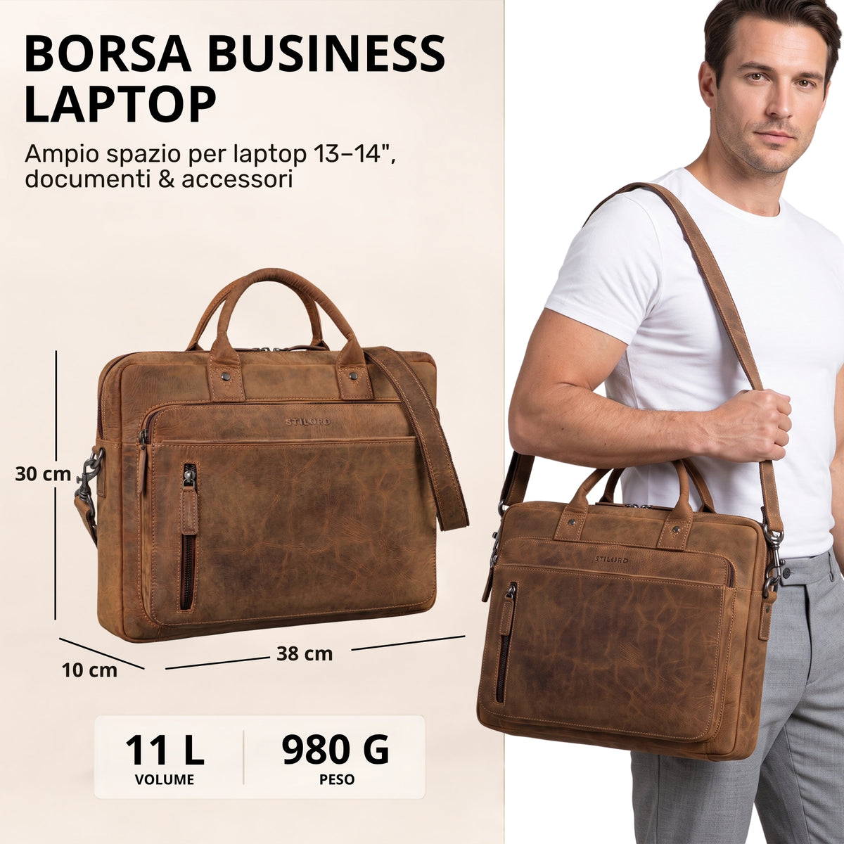 Braune Leder-Laptoptasche bergamo, Frontansicht mit Maßen, Modell trägt sie über der Schulter, STILORD-Prägung sichtbar