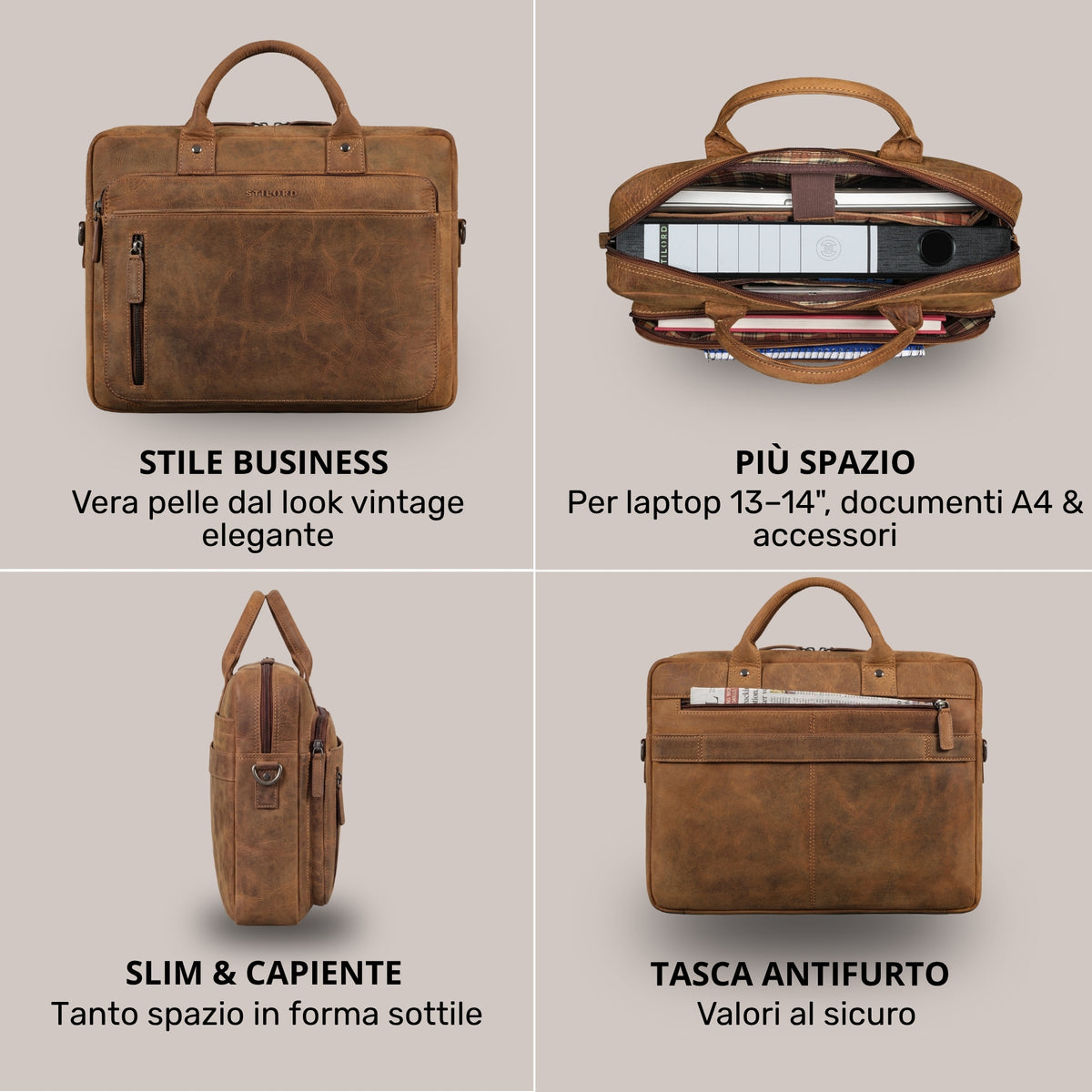 Leder-Business-Tasche bergamo braun, frontal, Reißverschlussfach vorn, gepolstertes Laptopfach 13–14 Zoll