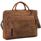 Braune Laptoptasche aus Vintage-Rindsleder, Frontansicht mit Griff, Schulterriemen und sichtbarer STILORD-Prägung, für 13–14 Zoll
